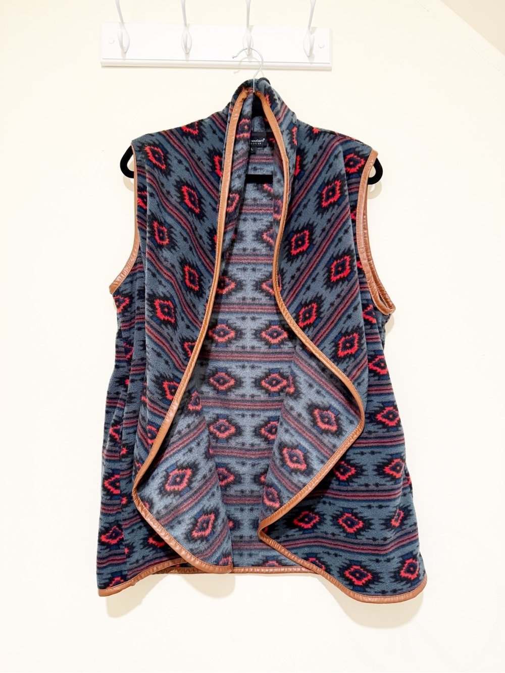 Simply Southern Navy Aztec Open-Front Sweater Vest with Red Accents